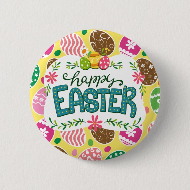 Happy Easter Colourful Easter Eggs Pattern Yellow 6 Cm Round Badge (Front)