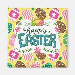 Happy Easter Colourful Easter Eggs Pattern Yellow Magnet