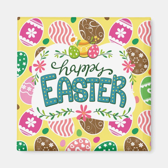 Happy Easter Colourful Easter Eggs Pattern Yellow Magnet (Front)
