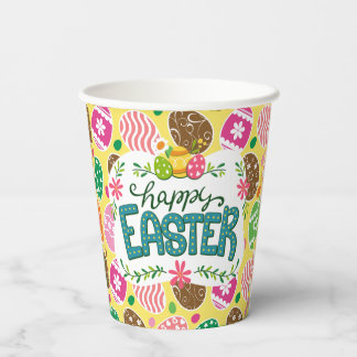 Happy Easter Colourful Easter Eggs Pattern Yellow Paper Cups