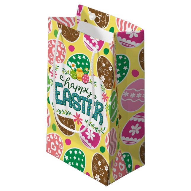 Happy Easter Colourful Easter Eggs Pattern Yellow Small Gift Bag (Front Angled)