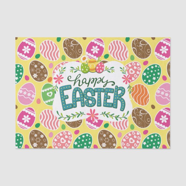 Happy Easter Colourful Easter Eggs Pattern Yellow Tissue Paper (Front)