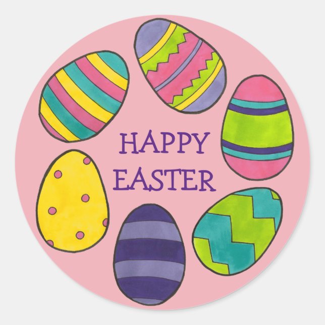 Happy Easter Colourful Egg Hunt Painted Eggs Classic Round Sticker (Front)