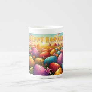 Happy Easter Colourful Eggs in Spring Meadow Bone China Mug