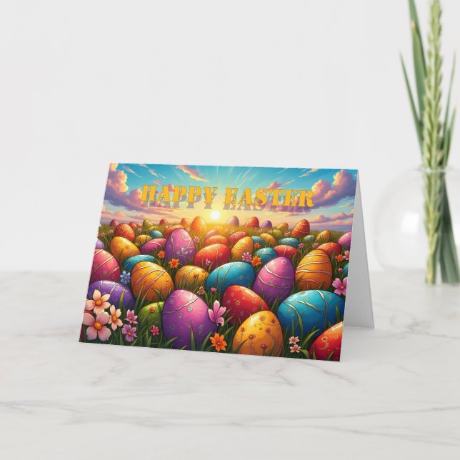 Happy Easter Colourful Eggs in Spring Meadow Card (Front)