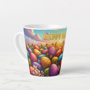 Happy Easter Colourful Eggs in Spring Meadow Latte Mug