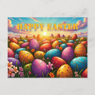 Happy Easter Colourful Eggs in Spring Meadow Postcard
