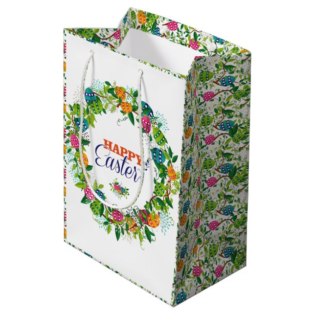 Happy Easter Colourful Flowers & Eggs Wreath Medium Gift Bag (Back Angled)