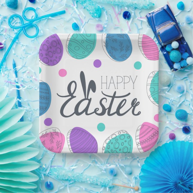 Happy Easter Colourful Modern Eggs Typography Paper Plate (Party)