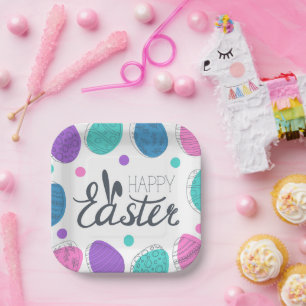 Happy Easter Colourful Modern Eggs Typography Paper Plate
