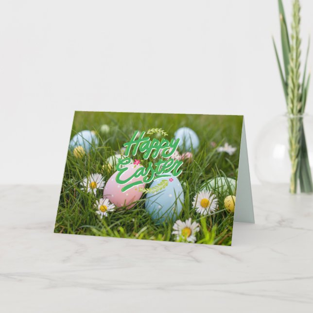Happy Easter Colourful Painted Eggs and Flowers   Card (Front)