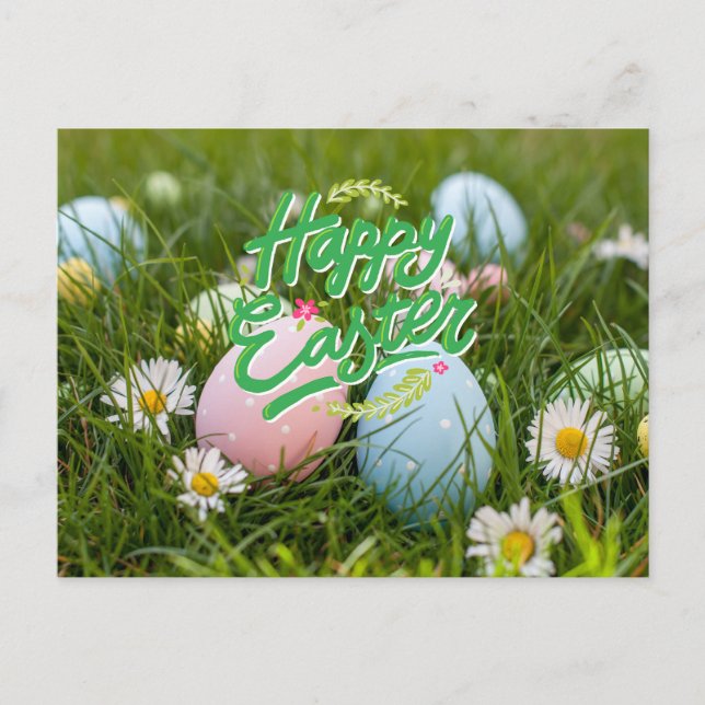 Happy Easter Colourful Painted Eggs and Flowers  Postcard (Front)
