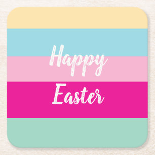 Happy Easter Colourful Stripes Pattern Square Paper Coaster