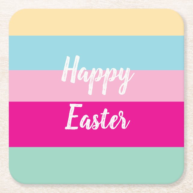 Happy Easter Colourful Stripes Pattern  Square Paper Coaster (Front)