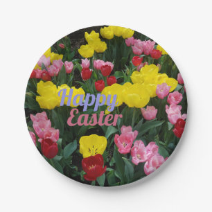 Happy Easter Colourful Tulips in the Garden Paper Plate