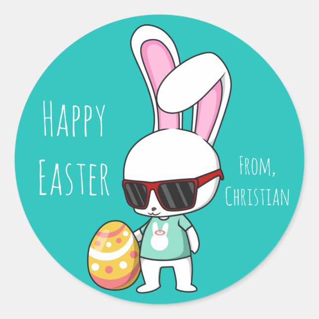 Happy Easter Cool Bunny Classic Round Sticker (Front)