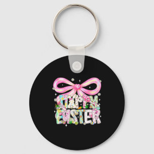 Happy Easter Coquette Bow Pink Ribbon Floral Bunny Key Ring