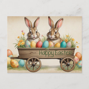 Happy Easter Country Bunnies on the Wagon  Holiday Postcard