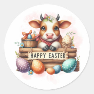 Happy Easter Cow and Eggs Classic Round Sticker