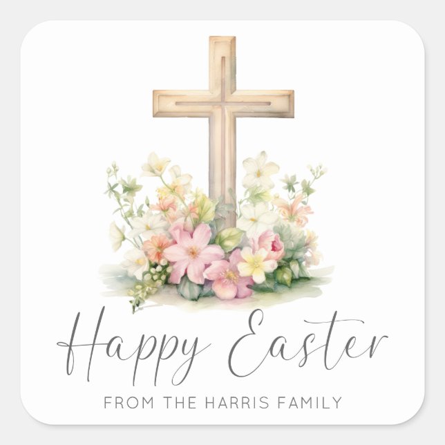 Happy Easter Cross Floral Square Sticker (Front)