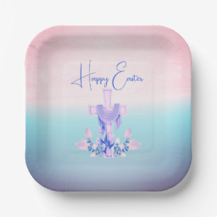 Happy Easter Cross & Flowers Paper Plate