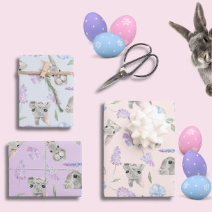 Happy Easter Curious Rabbits Pastel Colours Floral Wrapping Paper Sheet