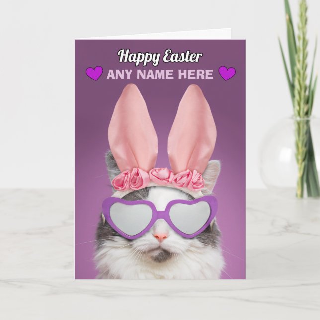 Happy Easter Custom Name Cat in Bunny Ears Humour Holiday Card (Front)