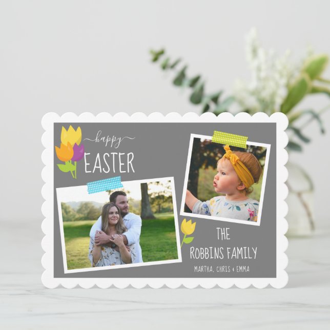 Happy Easter Custom Photo Washi Tape Tulip  Holida Holiday Card (Standing Front)