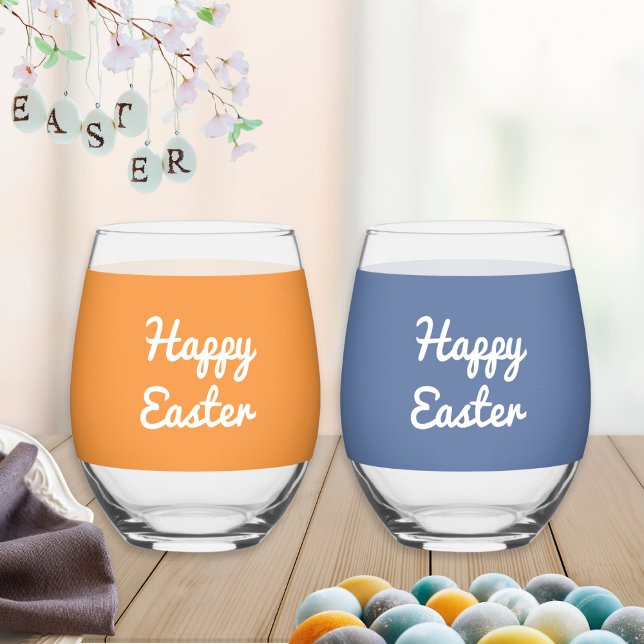 Happy Easter Custom Set of 2 Stemless Wine Glasses (A pair of stemless wine glasses, one orange, one blue. Happy Easter on front, add names on the back)