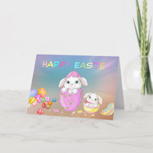 Happy Easter Cute Bunnies and Easter Eggs Card