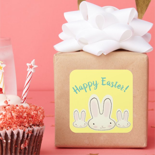 Happy Easter cute bunnies yellow custom script  Square Sticker (Party)