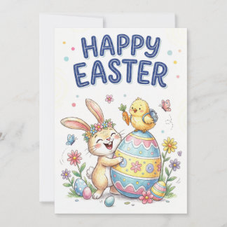 Happy Easter Cute Bunny and Chick Card