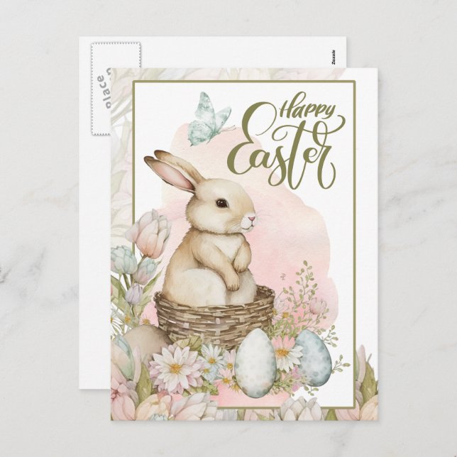 Happy Easter. Cute Bunny and Eggs  Holiday Postcard (Front/Back)