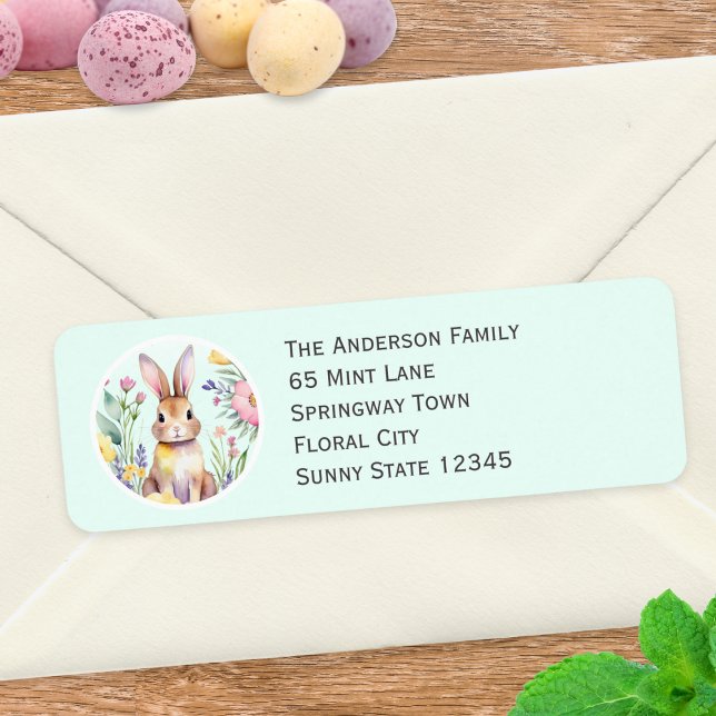 Happy Easter Cute Bunny and Flowers Personalised (A return address label illustrated with the Easter bunny with flowers in a watercolor style)