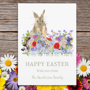 Happy Easter Cute Bunny and Wildflowers Holiday Card