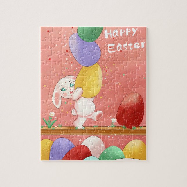 Happy Easter Cute Bunny Balancing Stacked Eggs Jigsaw Puzzle (Vertical)
