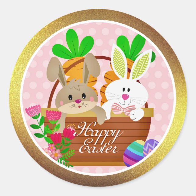 Happy Easter, Cute Bunny Basket & Colourful Eggs Classic Round Sticker (Front)