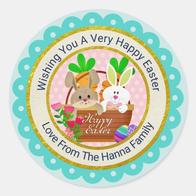 Happy Easter, Cute Bunny Basket & Colourful Eggs Classic Round Sticker (Front)