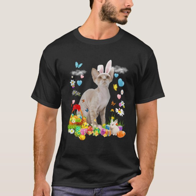 Happy Easter Cute Bunny Cat Devon Rex Eggs Basket T-Shirt (Front)