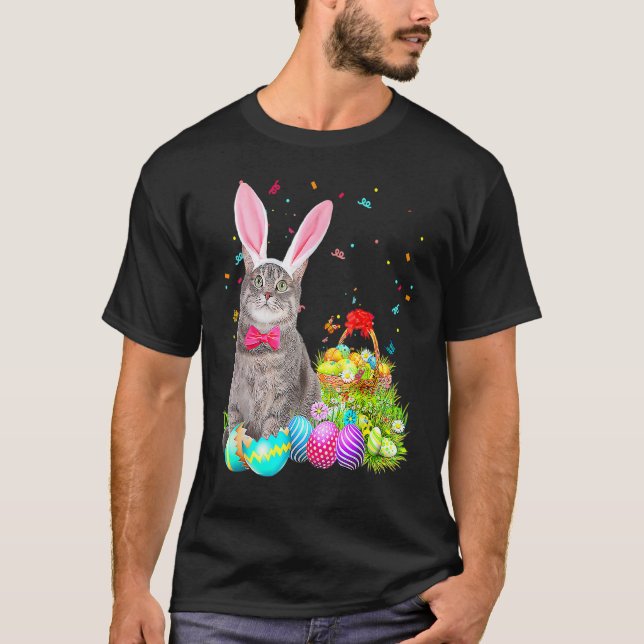 Happy Easter Cute Bunny Cat Eggs Basket Men Women  T-Shirt (Front)