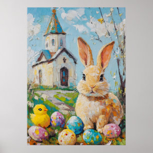 Happy Easter Cute Bunny Chick Painting Church Poster