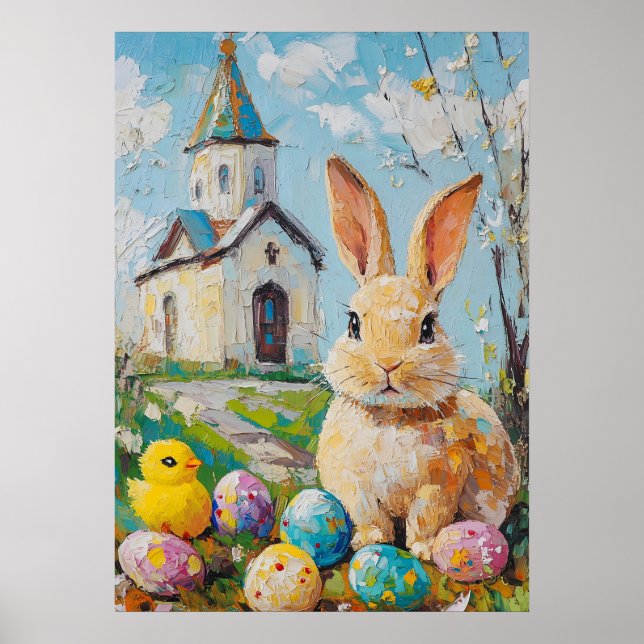 Happy Easter Cute Bunny Chick Painting Church Poster (Front)