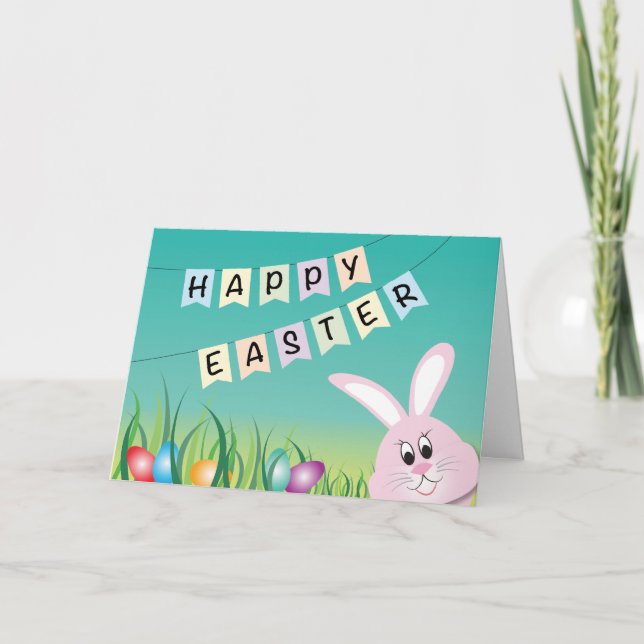Happy Easter Cute Bunny Colourful Eggs Holiday Card (Front)