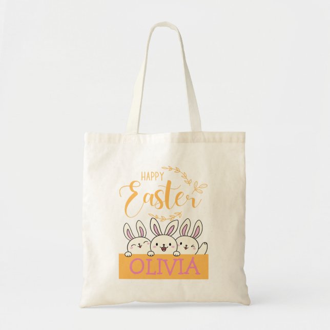 Happy Easter Cute Bunny Custom Name Tote Bag (Front)
