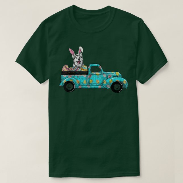 Happy Easter Cute Bunny Dog Husky Eggs Old Truck  T-Shirt (Design Front)