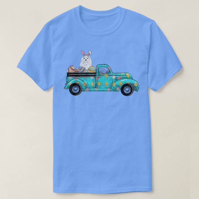 Happy Easter Cute Bunny Dog Maltese Eggs Old Truck T-Shirt (Design Front)