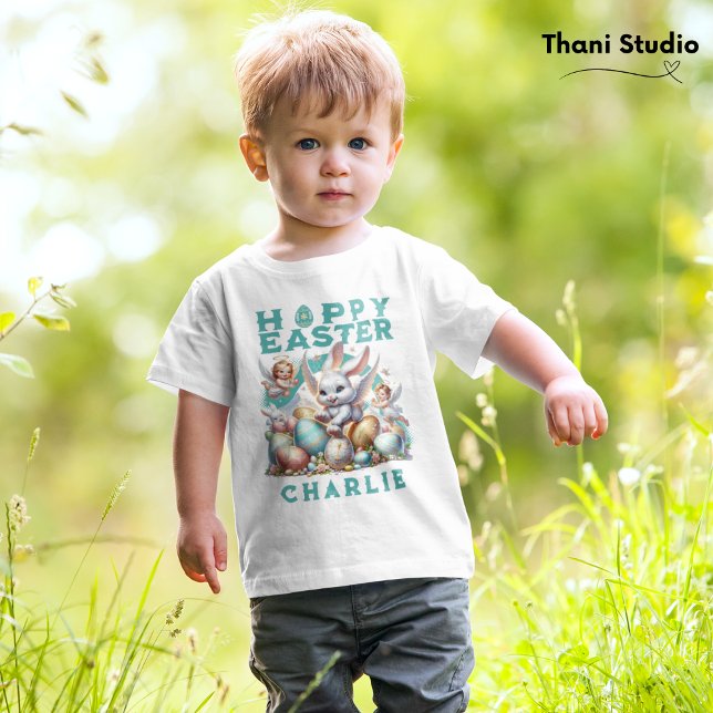 Happy Easter Cute Bunny & Eggs Customisable Name Baby T-Shirt (Creator Uploaded)