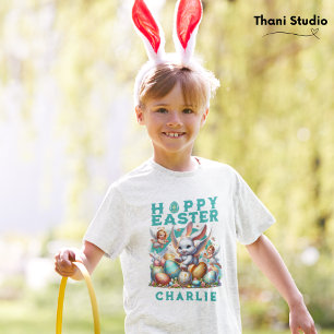 Happy Easter Cute Bunny & Eggs Customisable Name T-Shirt
