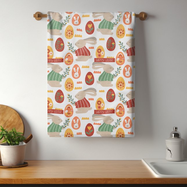 Happy Easter Cute Bunny Eggs Spring Flowers Tea Towel (Creator Uploaded)