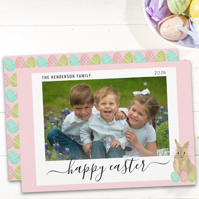 Happy Easter Cute Bunny Kids Photo Pink Holiday Card (Cute Easter bunny kids photo pink holiday card whimsical Elegant script)